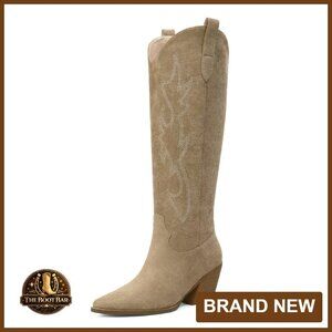 Knee High Cowboy Boots Pointed Toe Block Heel Suede Faux Leather